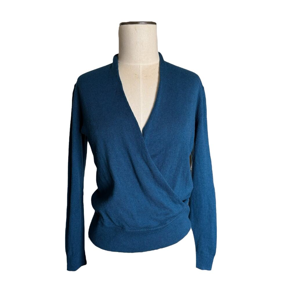 J. Jill Sweater Womens XS Petite Blue Cotton Wool Blend Cross Front Pullover Top